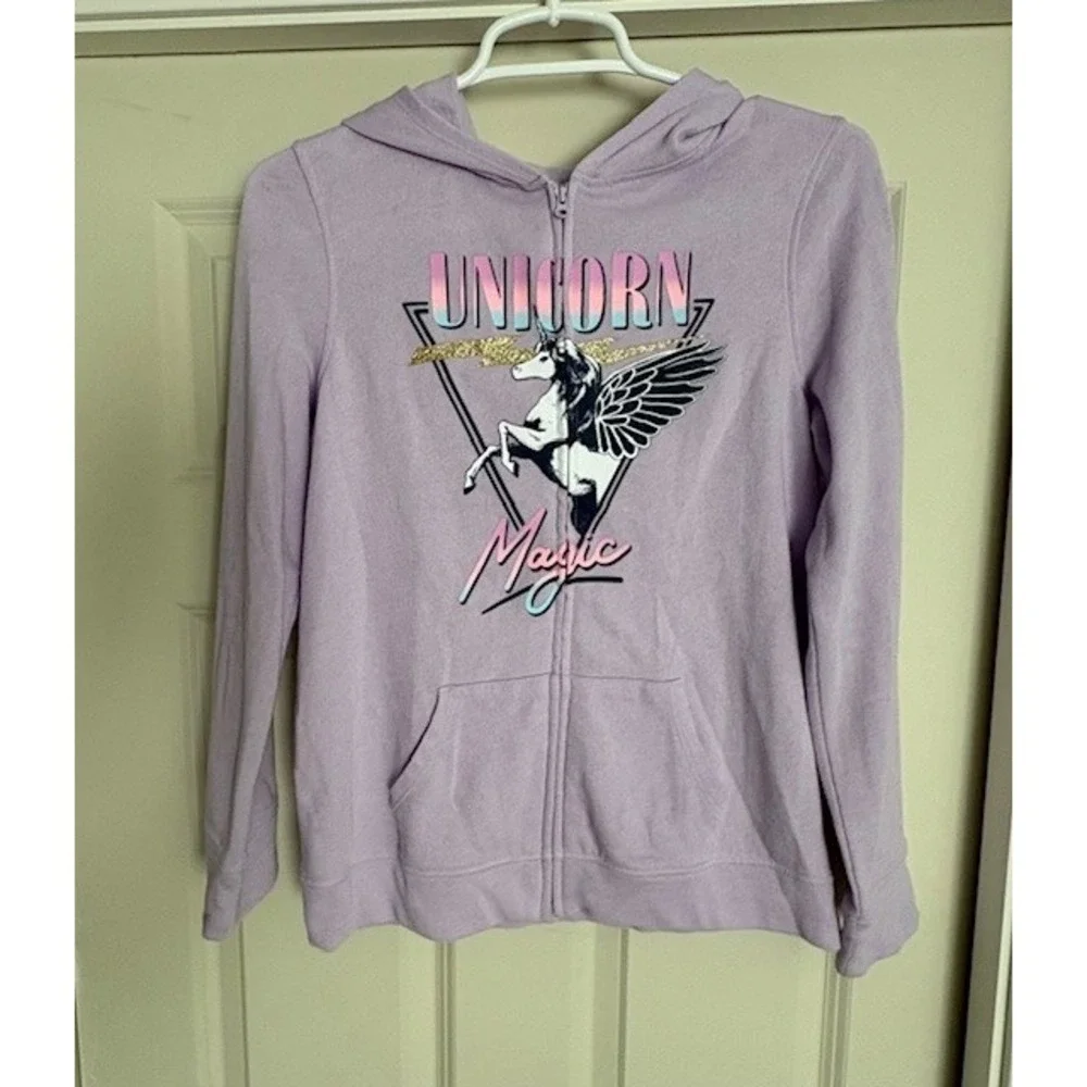 SO Lightweight purple zip up hooded sweatshirt with unicorn design, kids size XL